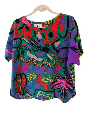 Flora Kung Womens Abstract Print Short Sleeved Blouse Size 10 Multicolor Silk